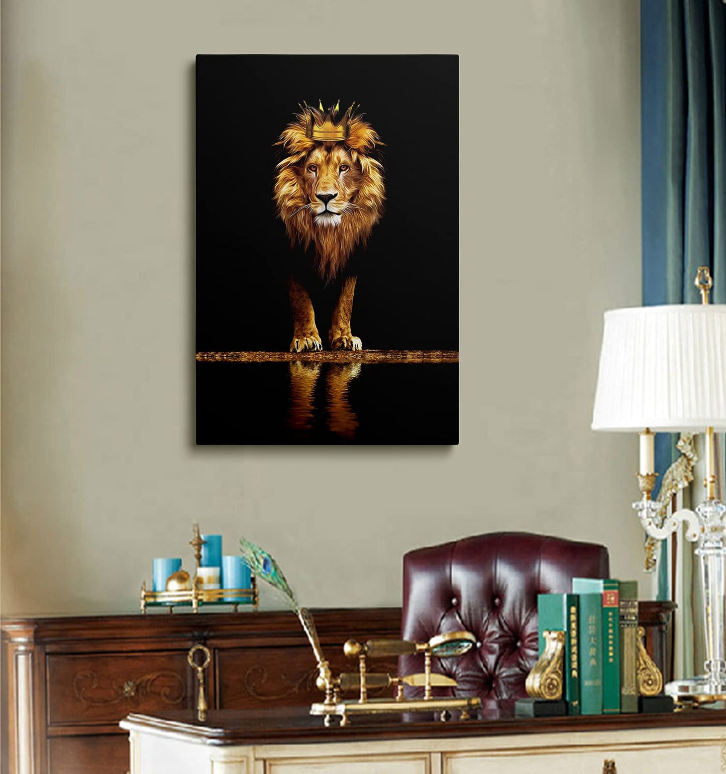 Tribute to art Lion Canvas Print Wall Art,A with a crown noble and confident,Black Golden Animal for Living Room Office Decor Home Decoration Framed Ready Hang,bedroom men (Lion king, 16inchx12inch)