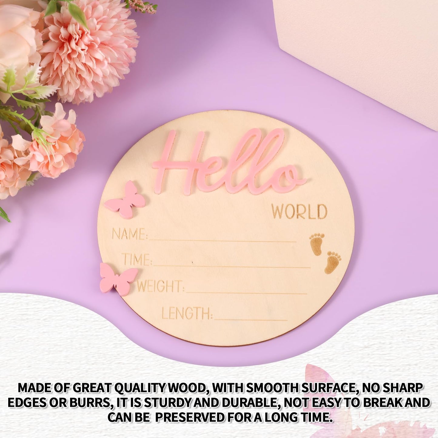 Baby Announcement Board, Wooden Hello World Welcome Newborn Plaque Baby Birth Name Sign Board for New Born Boys Girls Photo Props Hospital Nursery Home