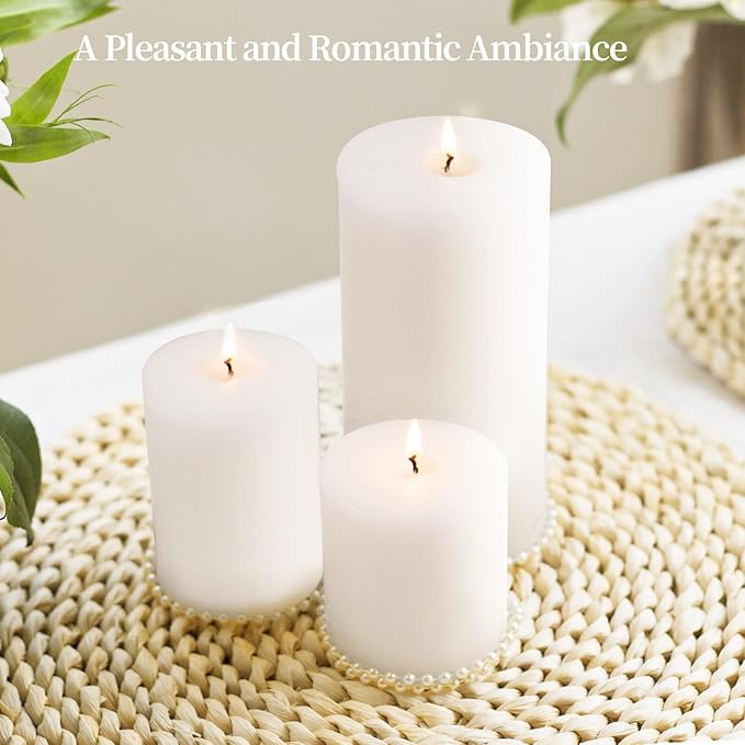 KONNI White Pillar Candles Set of 3, 3"x 3" Unscented Pillar Candles Bulk, 30 Hours Long Burning Candles, Smokeless&Dripless Large Round Candle for Wedding, Home Decoration, Parties, Spas, Dinner