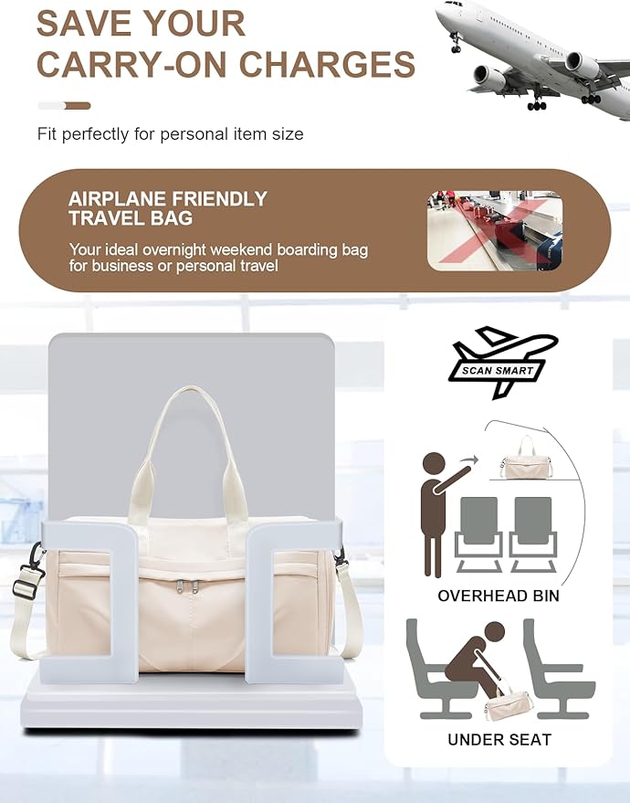 Gym Bag for Women Men with Shoe Compartment, Sport Duffel Bag, Waterproof Travel Weekender Overnight Carry on Bag for Yoga with Trolley Sleeve, Beige
