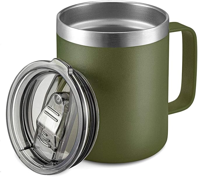 12oz Stainless Steel Insulated Coffee Mug with Handle, Double Wall Vacuum Travel Mug, Tumbler Cup with Sliding Lid, Army Green