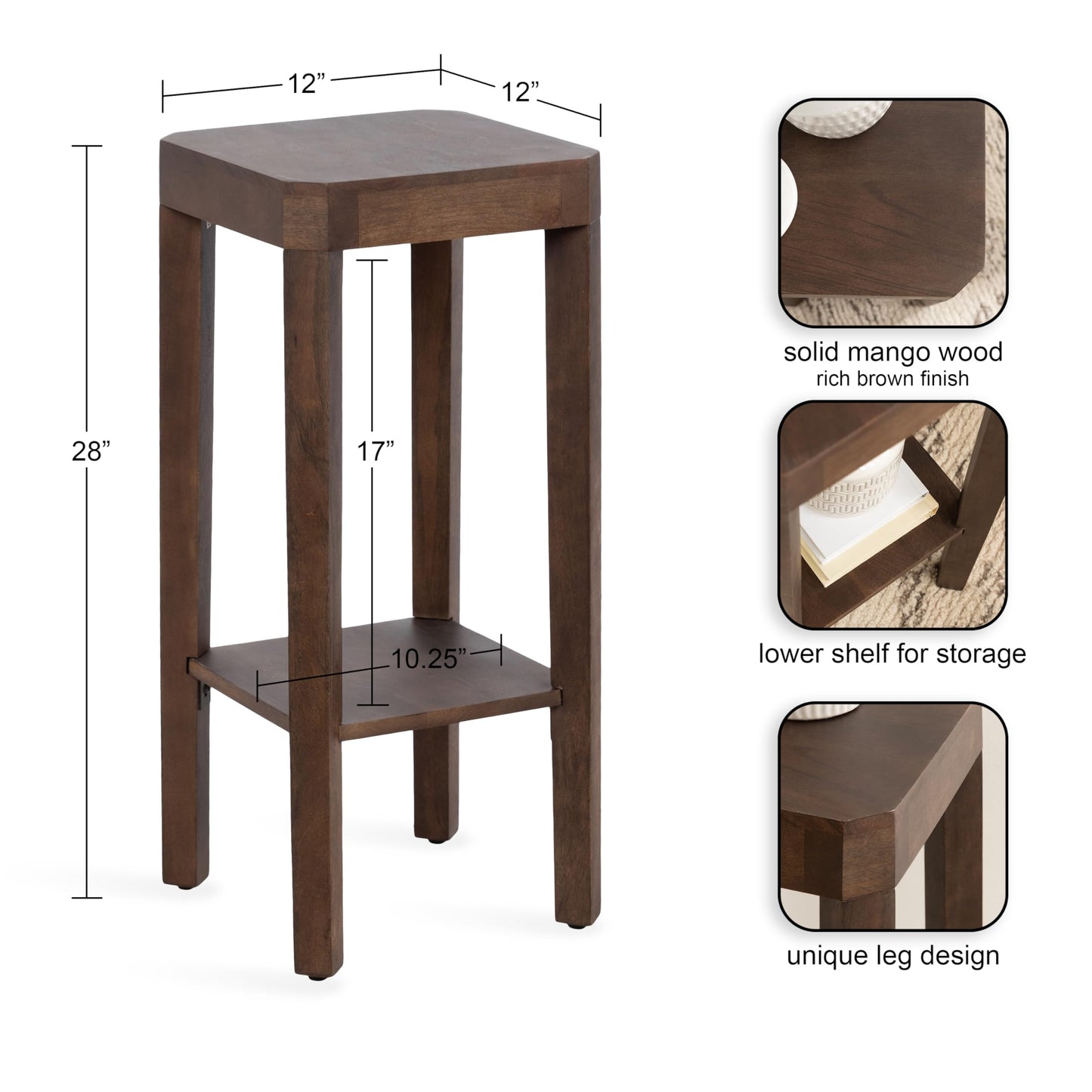 Kate and Laurel Talcott Modern Square Wood Drink Table, 12 x 12 x 28, Dark Brown, Transitional Decorative Two-Tier Pedestal Table for Use as Plant Stand Indoors or Living Room Decor Accent