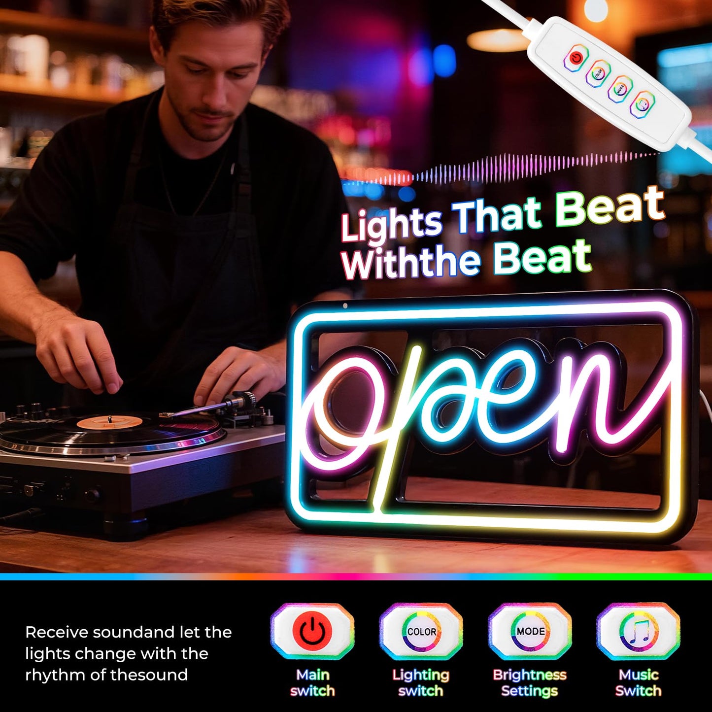 Led Open Signs for Business,Colorful and High Brightness LED And Remote Control, Open sign Applicable to Walls Window Bar Shop Hotel, Coffee Salons, etc. (5V USB Power Supply/16.2 * 7.7 inches)