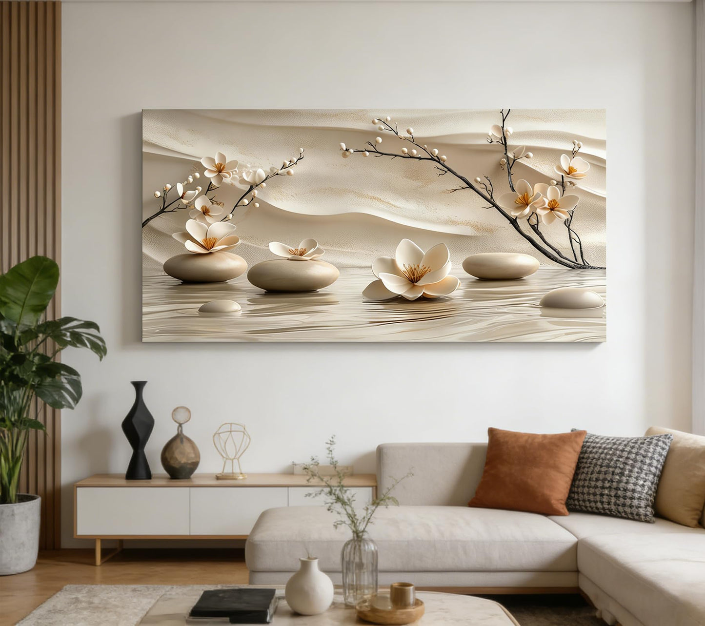 FEACFQKJ Zen Canvas Wall Art White Lotus Wall Decor Print Artwork Lotus Flowers Bloom Stones Spa Painting Pictures for yoga meditation room decoration 16x32in