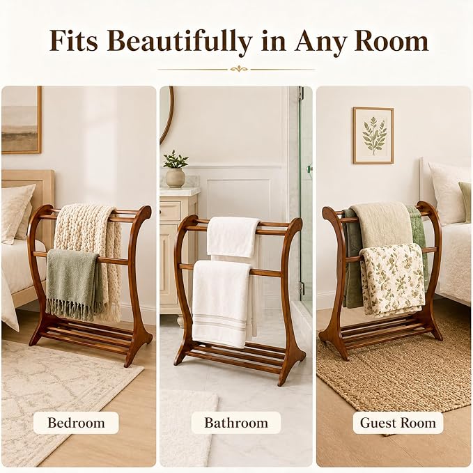 Leinuosen Wood Quilt Rack with 3 Rungs, Free Standing Blanket Holder for Living Room Bedroom Bathroom, 16.69" D x 30" W x 36" H, Retro Curved Ladder Design, Solid Wood, Antique Walnut Finish