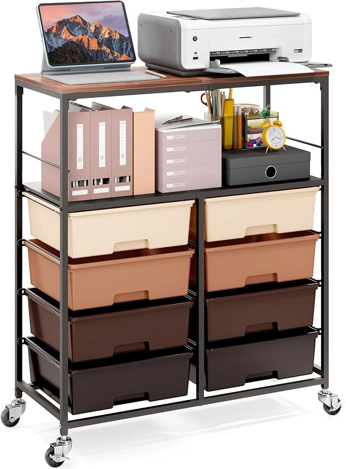 Rolling cart with 8 drawers,Storage drawer cart with wooden tabletop,Lockable wheels organizer for homeschool, arts & crafts, classroom, office & creative spaces (Brown)