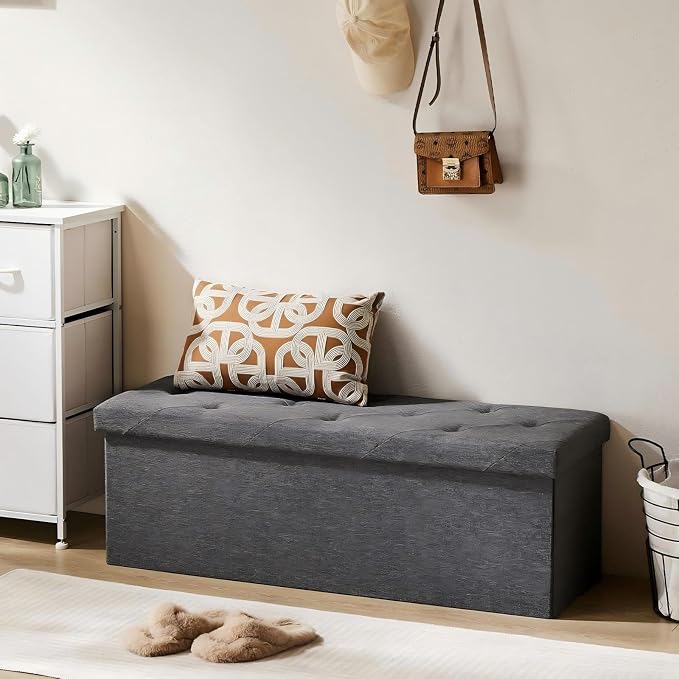 Sweetcrispy 43 Inch Folding Storage Ottoman Bench, Large Hidden Storage Chest with Padded Seat, Foot Rest Stool Supports Up to 660Lbs, End of Bed Bench for Bedroom, Living Room, Linen Fabric, Grey