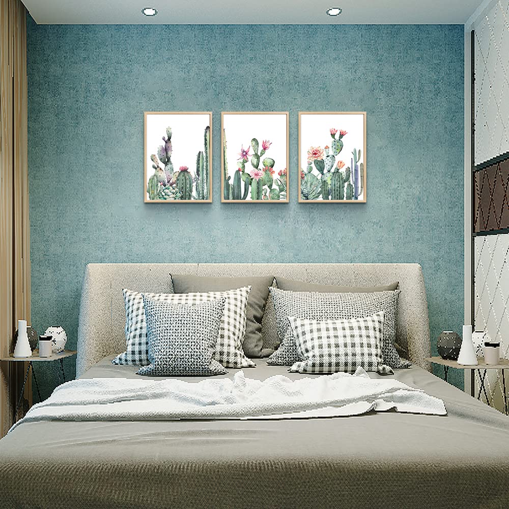 Natural Wood Framed Wall Art For Living Room & Bedroom Decor - Green Succulent Cactus Paintings - 3 Piece Framed Art Prints