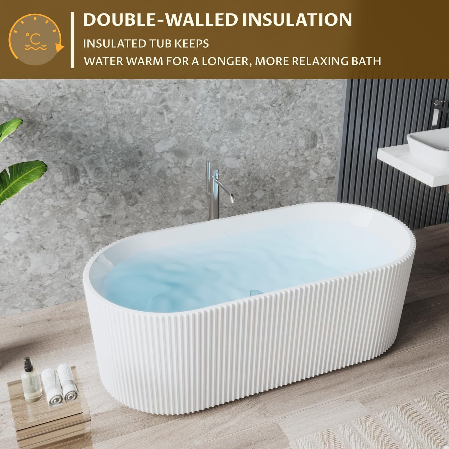 67" Acrylic Freestanding Bathtub, Modern Soaking Tub with Matte Drain and Overflow, Ergonomic Deep Design, Double-Walled Insulation, CUPC Certified, Easy Clean, Slip-Resistant, Gloss White