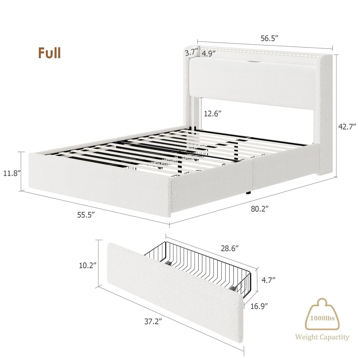 Full Size Boucle Bed Frame with LED Light and Charging Station, 4 Storage Drawers, Storage Headboard, Upholstered Platform Full Bed with Wooden Slats, No Box Spring Needed, Easy Assembly, White