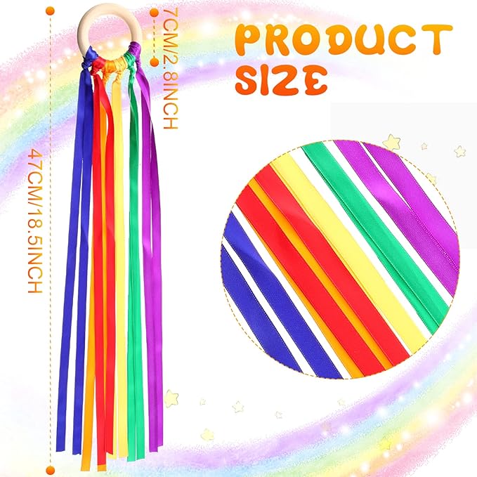 Junkin Ribbon Rings Hand Kite Waldorf Toys Dancing Wrist Ribbons Rainbow Streamers with Wood Ring Sensory Learning Educational Toy for Playroom Dancing Birthday Party Gift(Bright Color,24 Pcs)
