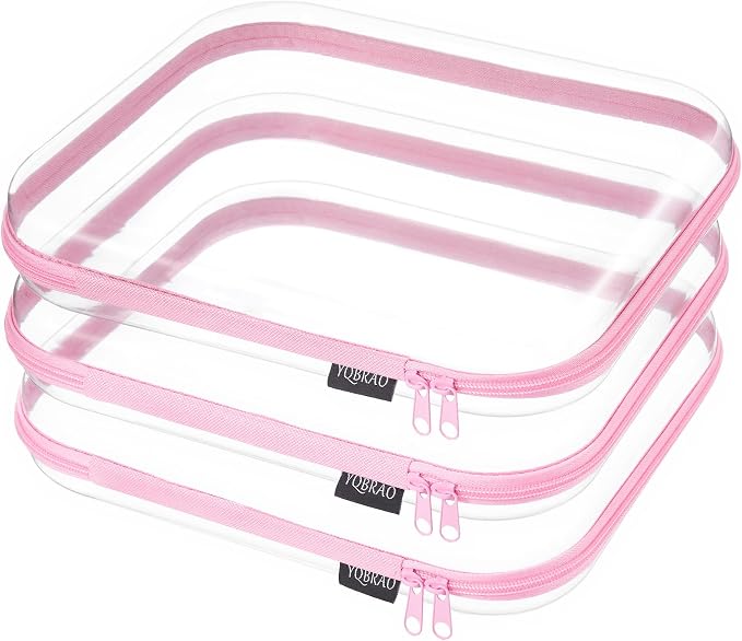 YQBRAO 3-Pack Large Clear Hard Shell Zipper Case, 1.2mm Ultra-Thick Rigid Toy & Closet Organizer, Heavy-Duty Diaper Bag Pouch Set with YKK Zippers, Waterproof Travel Storage (Pink)