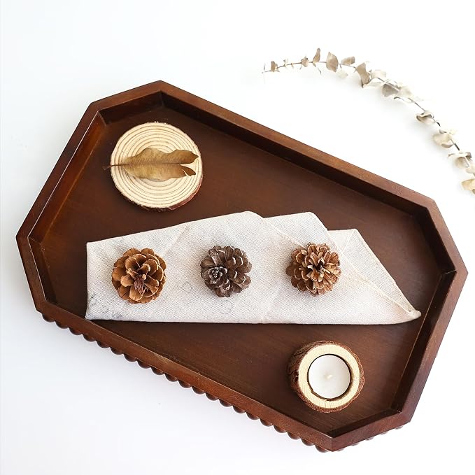 Hrastany Retro Brown Wood Serving Tray with Beads, Farmhouse Decorative Tray for Table Centerpiece, Christmas Wedding Halloween Home Decor