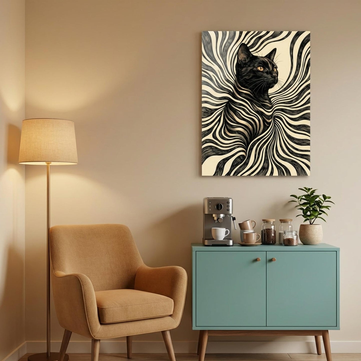 XIART Abstract Black and White Cat Tempered Glass Wall Art, Modern Surreal Optical Illusion Frameless Decor, Large Glossy Animal Print for Living Room, Bedroom & Office