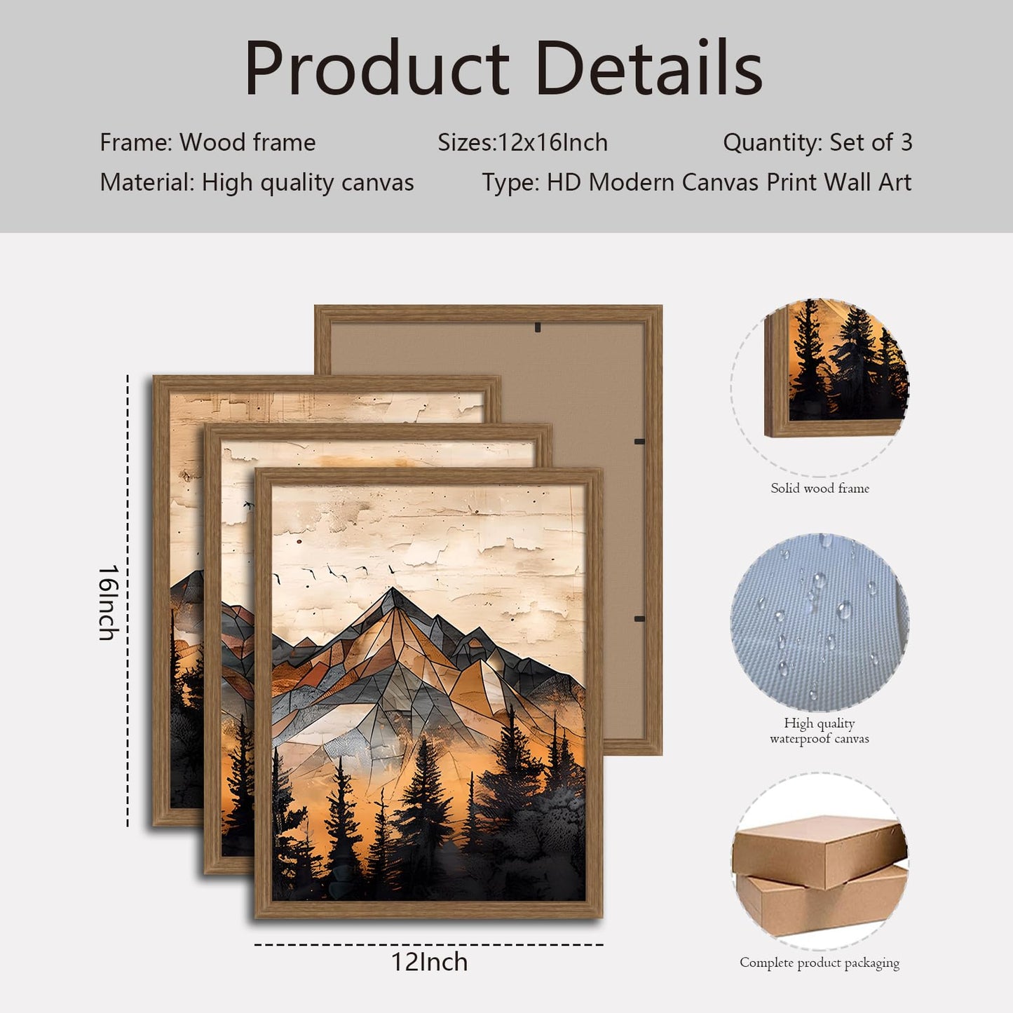 soonkiss Warm Tone Geometric Mountain Wall Art Set of 3, Abstract Sunset Forest Canvas Prints, Boho Nature Wall Decor for Living Room Bedroom Office 12x16 Inch