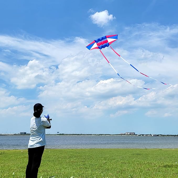 Beach Kites for Adults Large with Long Tail, 98 inches Super Easy Flyer 3D Rainbow Box Kites, Comes with Two 49 Feet Multi Colors Tails, 300 ft Kite String & Handle