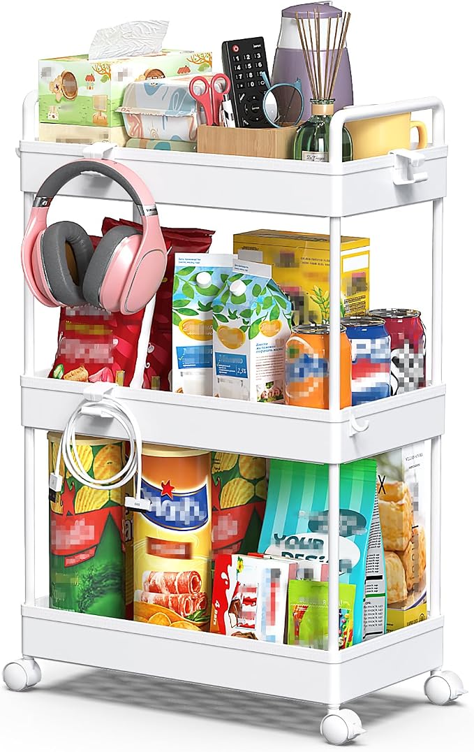 SOLEJAZZ 3 Tier Rolling Storage Cart with Wheels Slim Craft Nail Makeup Snack Art Baby Utility Cart Organizer on 2 Lockable Wheels for Bathroom Laundry Room Kitchen Bedside Narrow Spaces, White