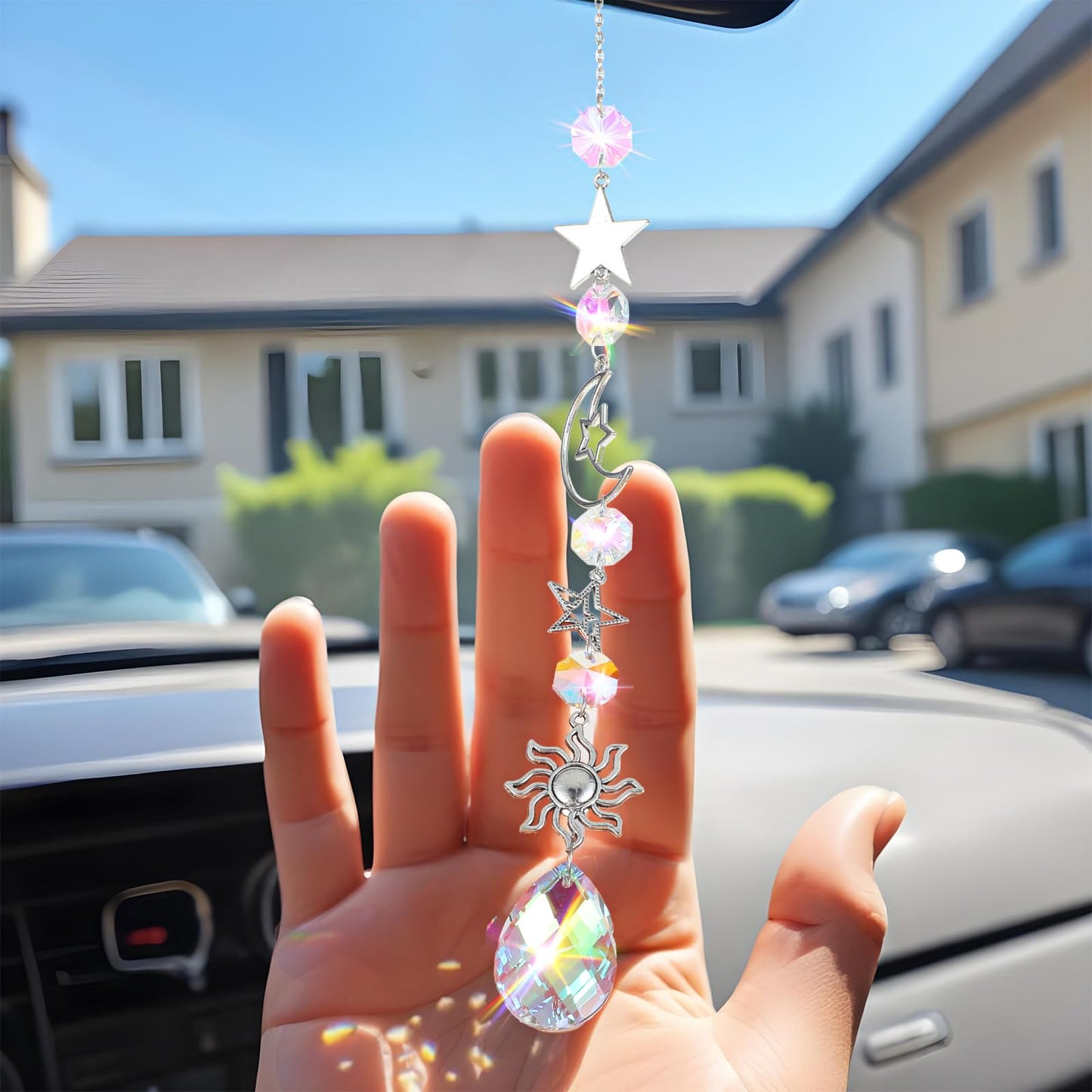 AOZUO Moon and Star Rear View Mirror Charm, Crystal Boho Car Hanging Decor Cute Suncatcher Healing Car Ornaments for Women Men