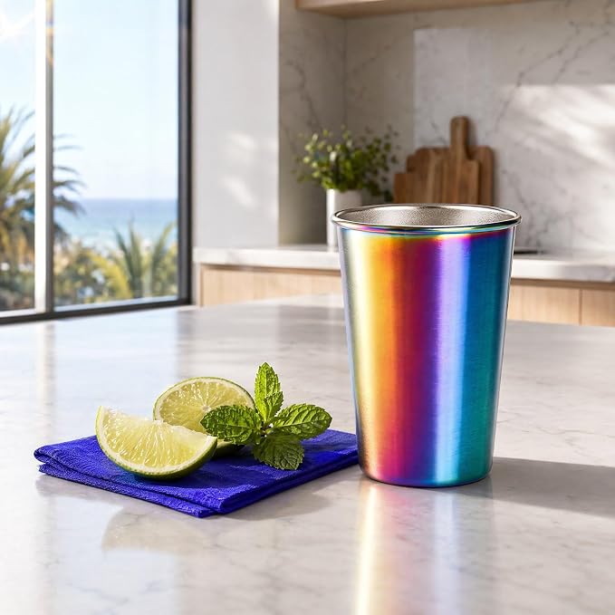Tosnail 6 Pack Stainless Steel Pint Cups, 16 oz Metal Cups Unbreakable Drinking Glasses Water Tumblers for Kids, Adults Indoor and Outdoor Use, Rainbow