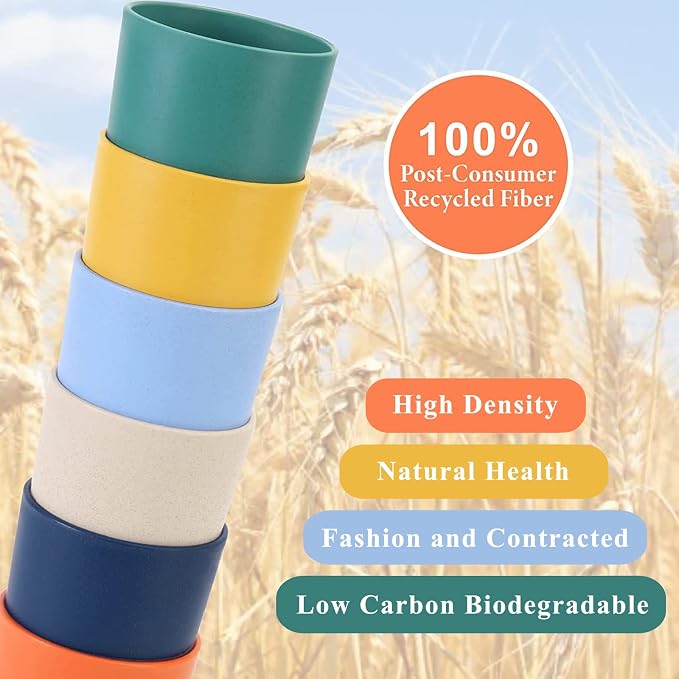 Mfacoy Wheat Straw Cups Set of 6, 12 oz Unbreakable Drinking, Reusable, Stackable Tumbler, Colourful Water Cup Set for Kitchen, BPA Free, Dishwasher & Microwave Safe, with 6 Colors Cups