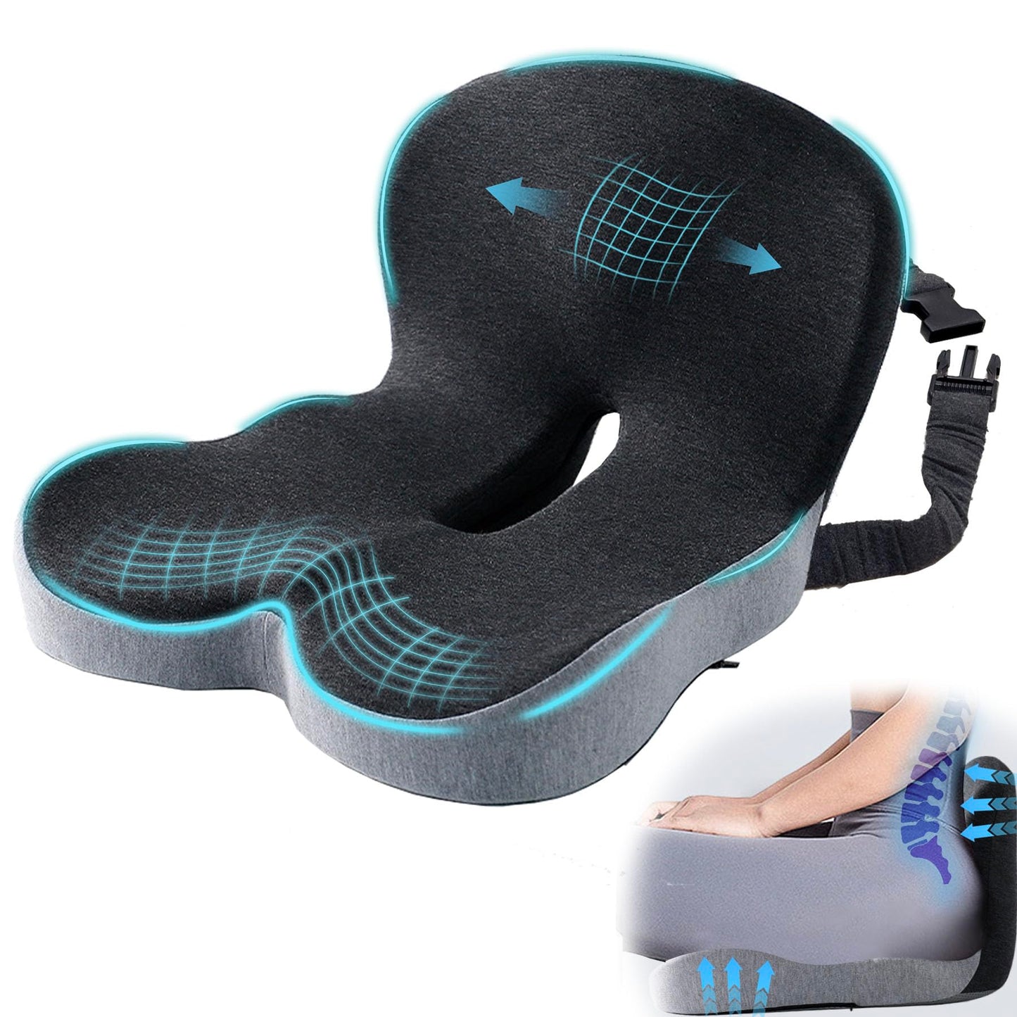 Ergonomic Seat Cushion with Adjustable Strap, Memory Foam Office Chair Seat Cushion with L-Shaped Design, Car Seat Cushion Fits for Truck Driver Semi Truck, Gaming Chair, Desk, Light&Dark Gray