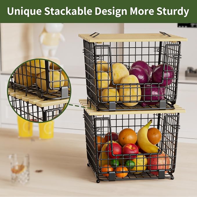 Wire Storage Basket for Kitchen Pantry: GGIU Stackable Kitchen Counter Organizers - Wire Organizing Bin for Produce Fruit Vegetable Potato and Onion Black