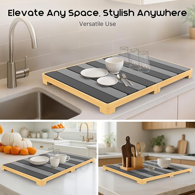 ArtyCozy Extra Large Rollable Stone Drying Mat with Foldable Bamboo Dish Drying Rack for Kitchen Counter, Super Absorbent Diatomaceous Earth and Quick Drying Rack, 27"×17", Dark and Light Grey