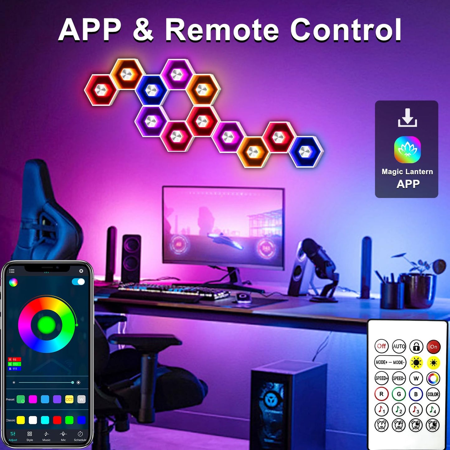 vimeepro Hexagon LED Lights - 8 Pack Smart APP RGB Gaming LED Light with Remote Control & Music Sync Honeycomb Shape Hexagon Wall Lights for Bedroom, Living Room Wall, Gaming Decor