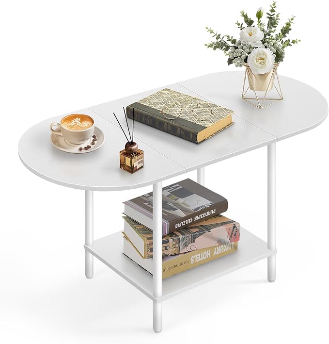 White Coffee Tables for Living Room,Mid Century Oval Center Table with Storage Shelf and Wood Tabletop,2-Tier Modern Narrow Cocktail Tea Table for Small Space,Small Apartment