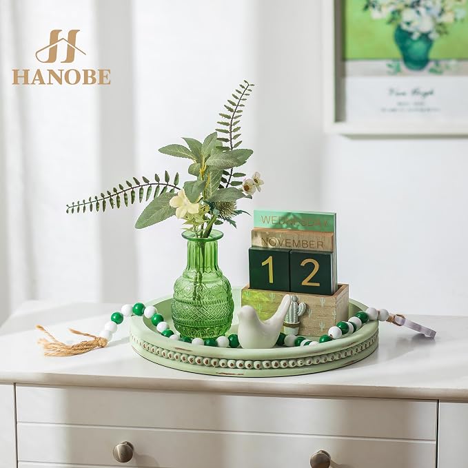 Hanobe Sage Green Tray Decor: Round Decorative Tray for Coffee Table Centerpiece - Wooden Candle Plate Holder for Rustic Farmhouse Home Living Room Kitchen Counter