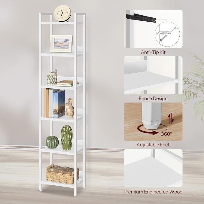 MAHANCRIS Bookshelf, 6-Tier Bookcase, Standing Book Shelf for Small Space, Storage Shelf Organizer, for Living Room, Bedroom, Study, Balcony, White BKBW6601