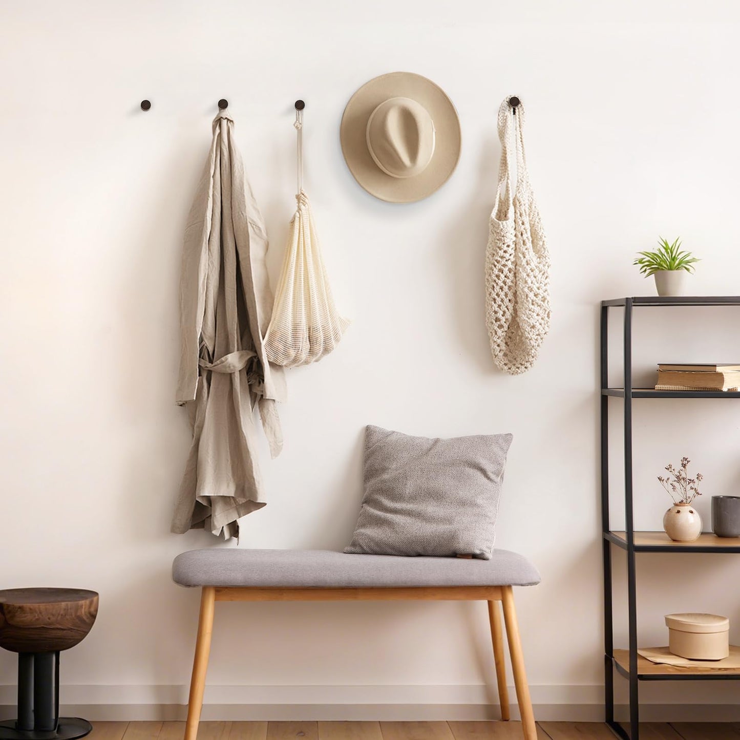 WOVRAN Wood Wall Hooks for Hanging, 6 Pack Rustic Coat Hooks Wall Mount, Handmade Wooden Pegs Hat Hook, Entryway Walls Hanger for Coat Purse, Boho Bathroom Towel Rack (Walnut Wood)