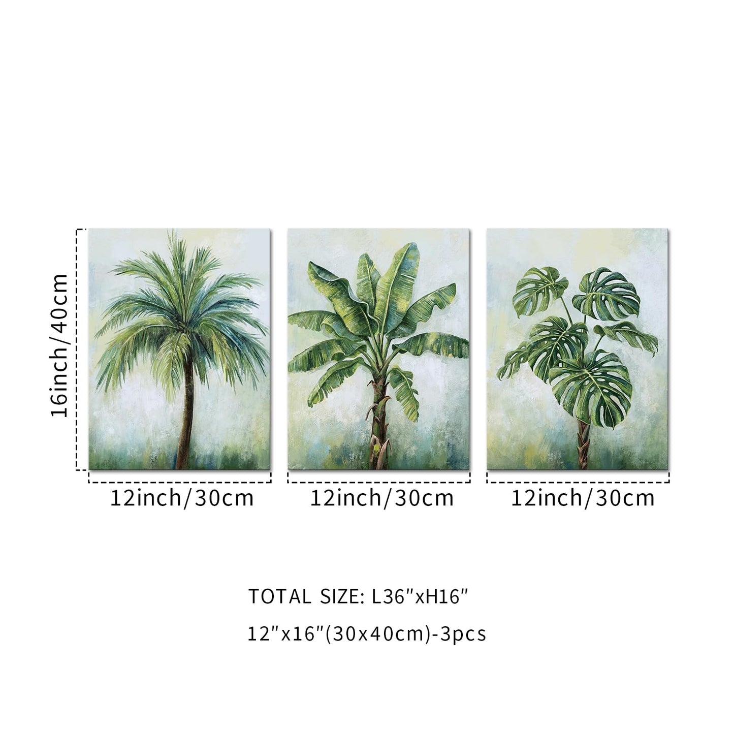 KREATIVE ARTS Tropical Plant Wall Art Set of 3 12x16 Inch Palm Banana Leaf Monstera Canvas Prints Green Botanical Artwork for Bedroom Bathroom Kitchen Office Decor Ready to Hang