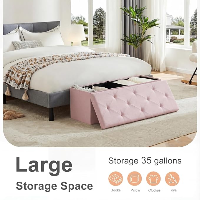 Sweetcrispy 43 Inch Folding Storage Ottoman Bench, Large Hidden Storage Chest with Padded Seat, Foot Rest Stool Supports Up to 660Lbs, End of Bed Bench for Bedroom, Living Room, Linen Fabric, Pink