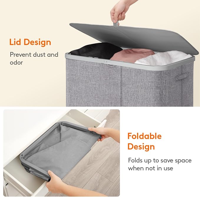 Lifewit 185L 3 Section Laundry Hamper with Lid, Large Laundry Basket with Handles and Removable Bags, Tall Clothes Hamper, Foldable Laundry Sorter for Bedroom Bathroom, Light Gray
