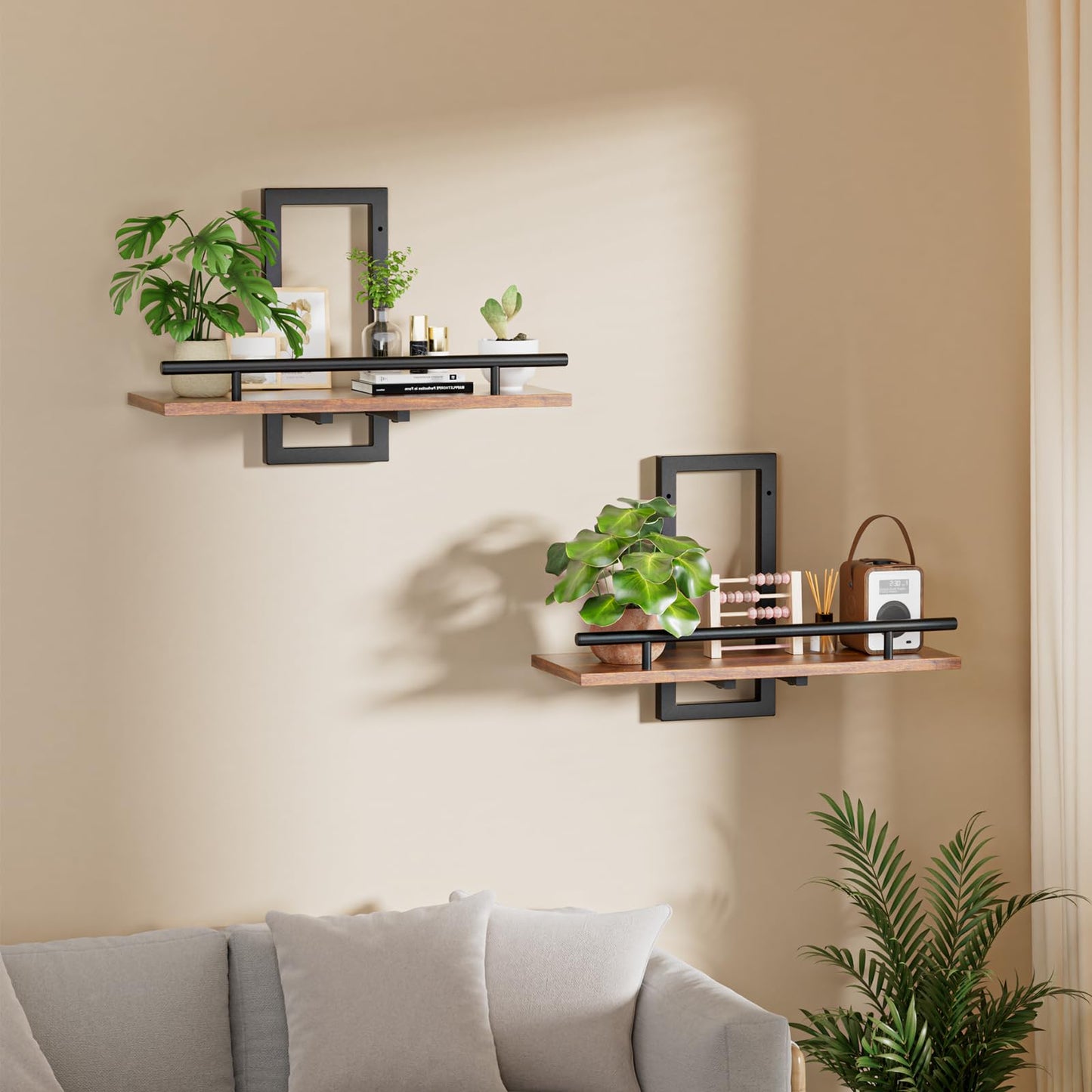 Sbosbo Floating Shelves for Wall to Hold Plants and Small Decor, 15.8 Inch Wall Mounted Shelves Set of 2, Easy to Mount Book Shelf for Bedroom, Living Room, Bathroom, Kitchen, Rustic Brown