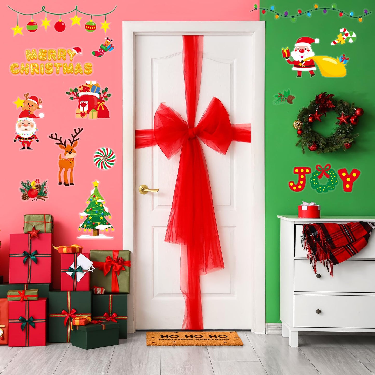 Christmas Wall Decals 124 Pieces Merry Christmas Wall Stickers Santa Snowman Winter Snowflakes Xmas Candy Stickers for Wall Window Door Bedroom Garage Home Office Decor