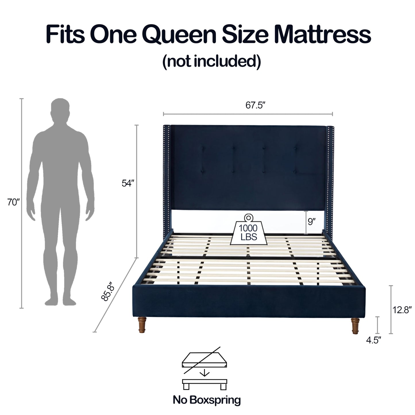 GDFStudio Tall Headboard Upholstered Bed,Queen Size Platform Bed Frame with Headboard Nailhead Trim Wingback,54" High No Box Spring Needed Easy Assembly Traditional Hand Buttoned Tufting Blue Velvet