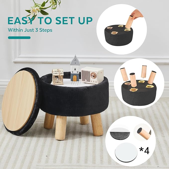 Small Foot Stool Ottoman with Storage, Soft Faux Fur Ottoman Foot Rest for Couch, Round Footstool with Storage, Small Ottomans and Footstools for Living Room and Entryway (Black)