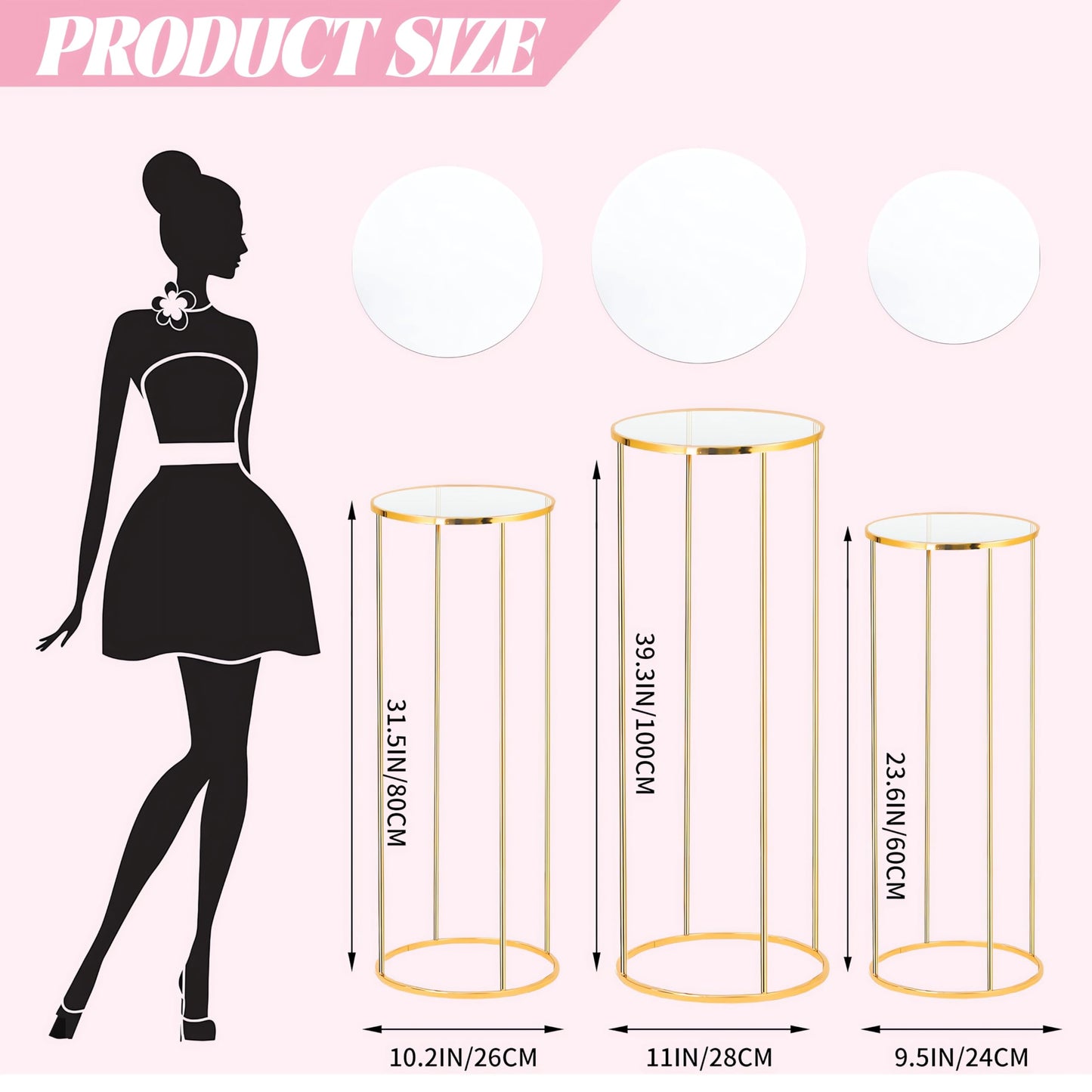 3PCS Cylinder Pedestal Stands for Parties, Gold Metal Plant Round Cylinder Stands for Party Flowers, Display Columns Pedestal Stand Cylinder Tables for Vases Birthday Party Backdrop Decorations