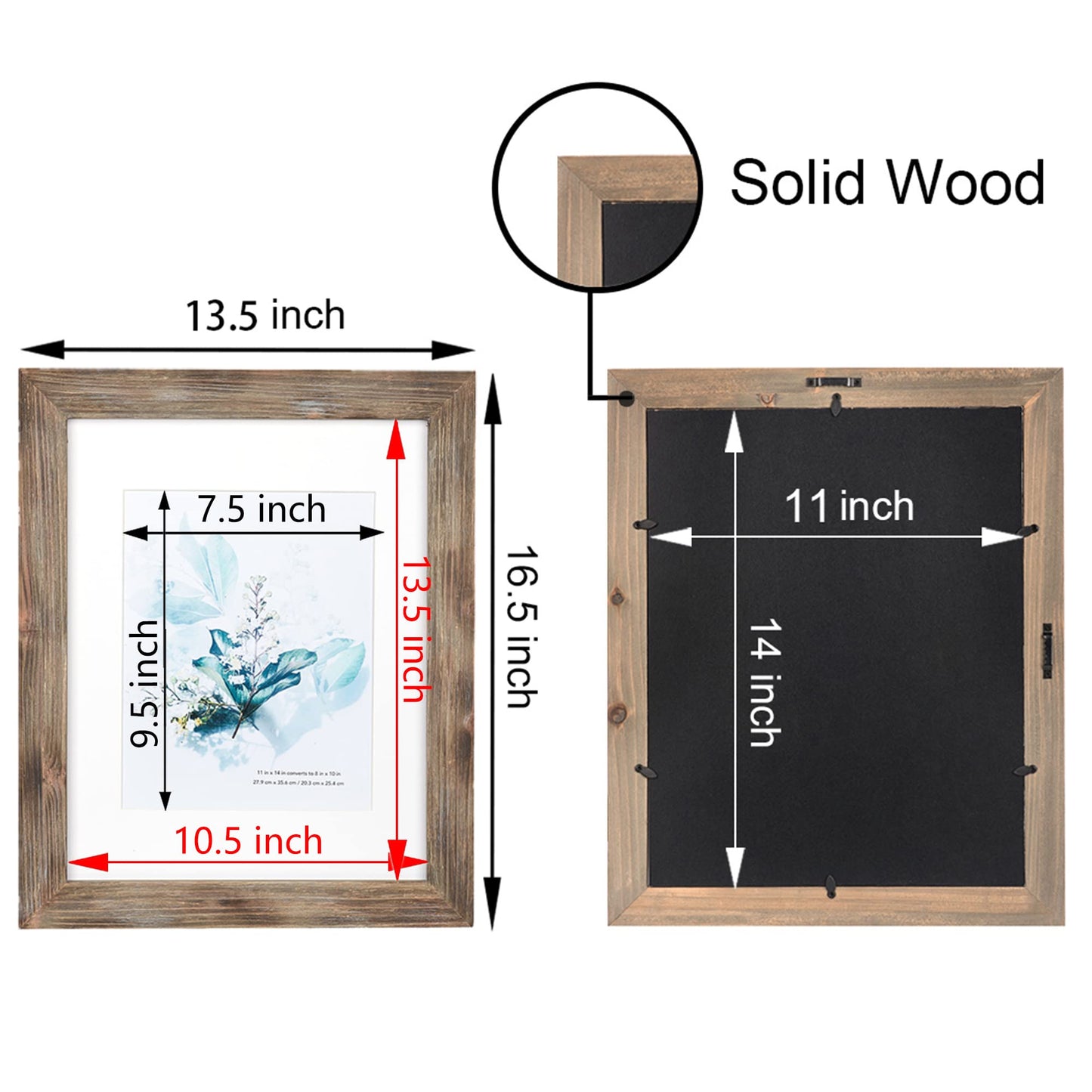 KAIWIN 100% Solid Wood Brown 11x14 Picture Frame 1 Pack Display Picture 8x10 with Mat, Rustic Wooden Photo Frames for Wall Mounting