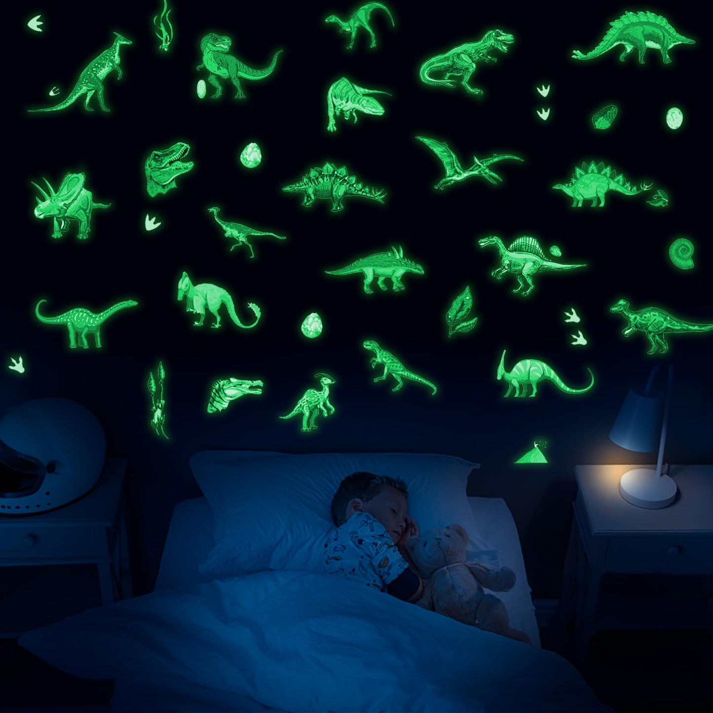 Glow in the Dark Dinosaur Wall Decals Stickers, Glowing Dinosaur Wall Stickers Self-Adhesive for Ceiling, Removable Wall Stickers for Boys Bedroom Kids Girls Baby Nursery Gift