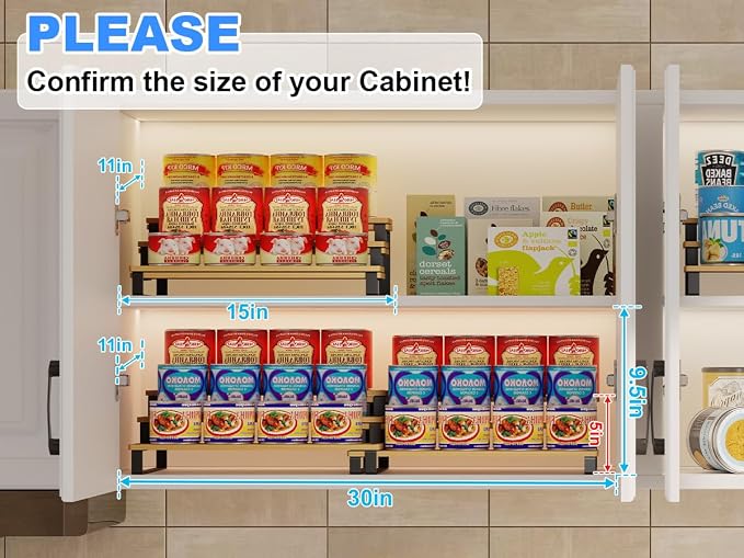Expandable Bamboo & Iron Can Organizer, 3-Tier Adjustable Pantry Can Rack, Kitchen Cabinet Food Storage Shelf, Easy Access Canned Goods Soda Soup Can Holder, Hold Up to 30 Cans, Black