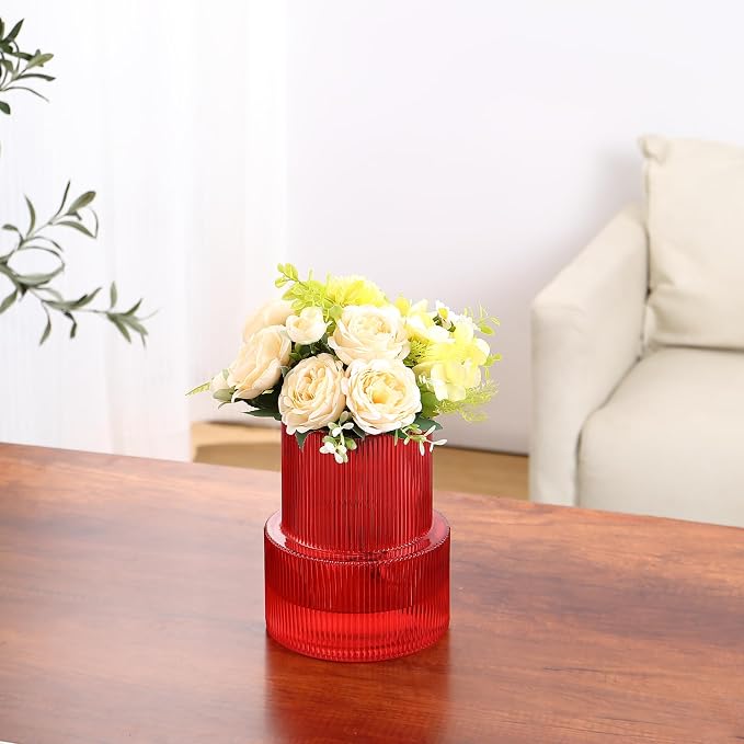 Ribbed Glass Vase, Flower Vase, Fluted Red Vases for Flowers, Modern Vases for Living Room, Dining Table, Entryway, Shelf, Wedding, Office, Coffee Table, Birthday, 7.5 Inches