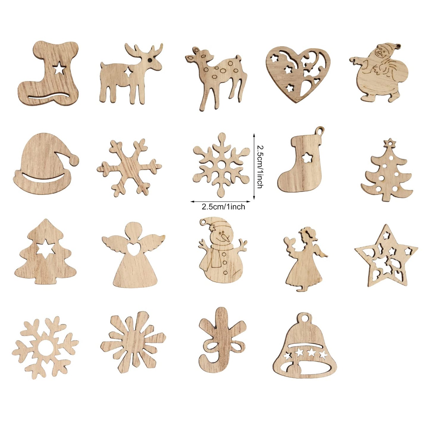 yueton 100PCS Mini Christmas Tree Snowflakes Stars Moose Bells Hats Socks Angels Christmas Unfinished Blank Wood Pieces Wood Slices Wood Chips Embellishments for DIY Crafts, Home Decoration, etc