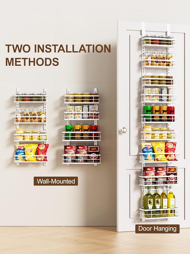 Delamu 9-Tier Over the Door Pantry Organizer, Adjustable Pantry Door Organizers and Storage, Metal Hanging Basket Wall Spice Rack Seasoning Organizer, Door Organizer Kitchen Bedroom Bathroom,12"White