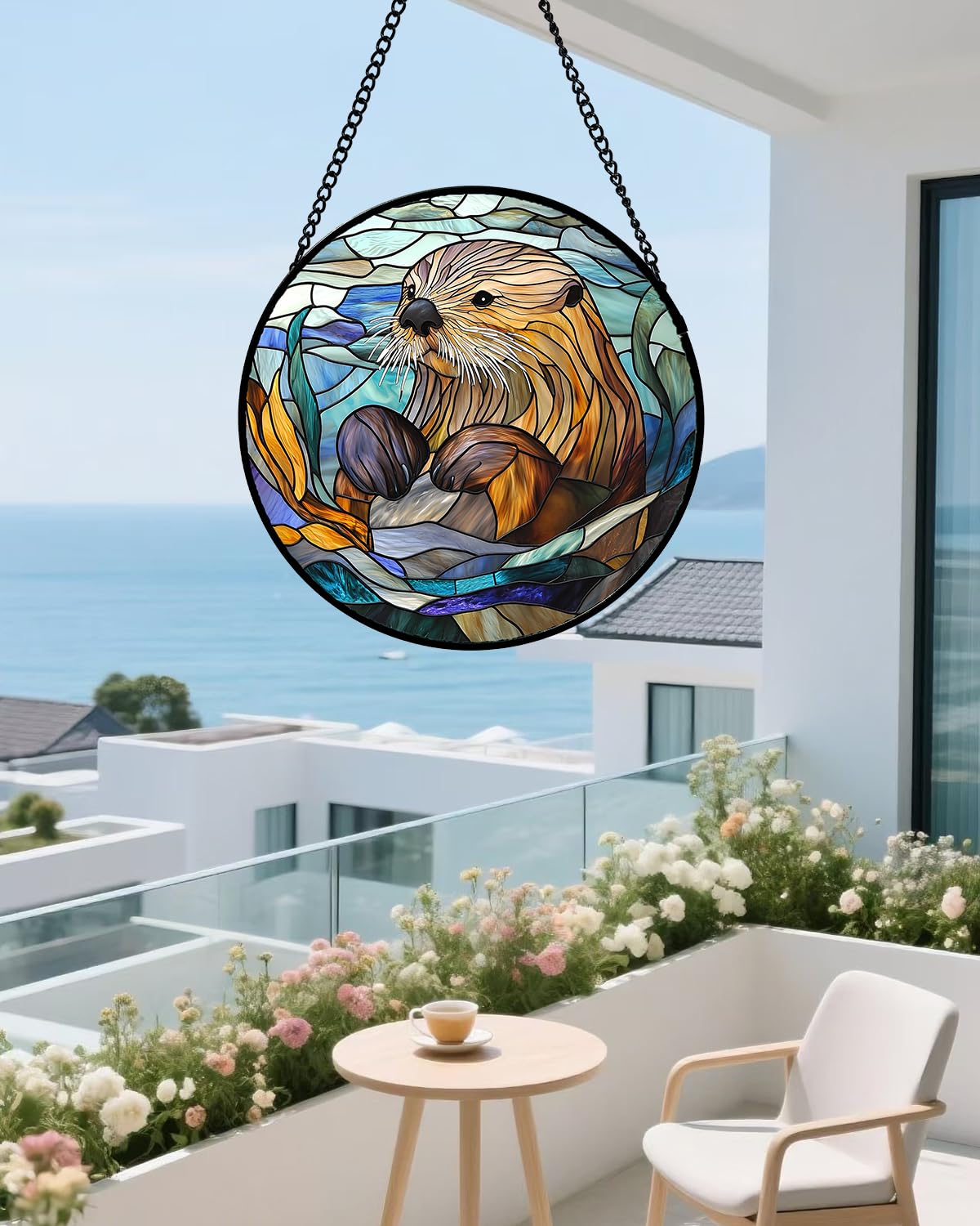 AMDERVEN Stained Glass Suncatcher, Blue Ocean Cute Sea Otter Sun Catcher Stain Glass Window Hanging Decoration Mother's Day Birthday Gifts for Women Men Mom Nana 9.8 in