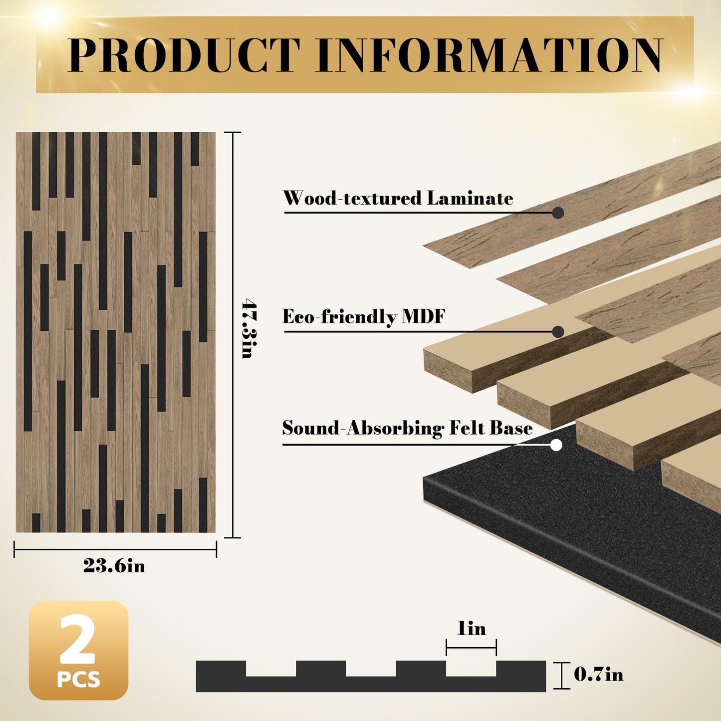 Laapee 2 Pack Acoustic Wood Slat Panels - 47.3x23.6x0.7 Inch 3D Textured Self-Adhesive Sound Absorbing Panels, Easy Install Soundproof Wall Panels for Bedroom, Office, Interior Decor (Walnut)