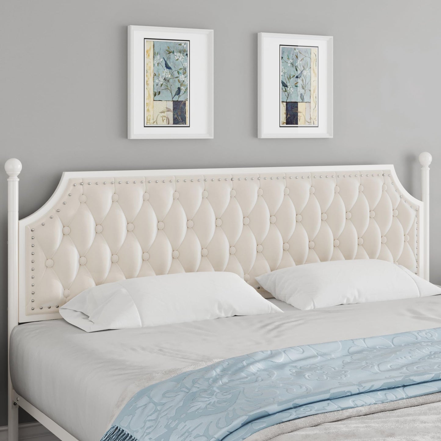 Keyluv King Upholstered Canopy Bed Frame with 3 Drawers and Button Tufted Headboard, Metal Platform Bed with 4 Removable Posts, Two-Purpose Velvet Bed No Box Spring Needed, Beige/Curtains Not Included