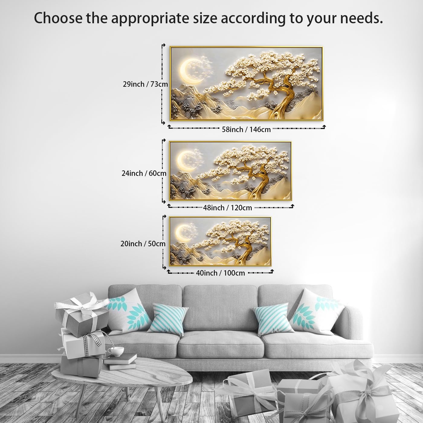 BirdSuite Gold Framed Lucky Tree Wall Art, Framed Canvas Print with Golden Tree & Moon Landscape, Ready to Hang Wall Decor for Living Room Bedroom Office Dining Room Entryway 48x24 inchs